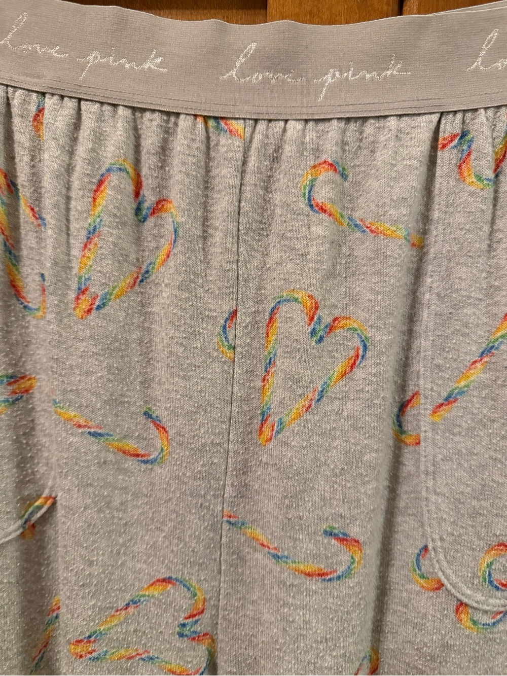 Victoria's Secret PINK Candy Cane Heart Pajama Joggers - Large Grey Rainbow